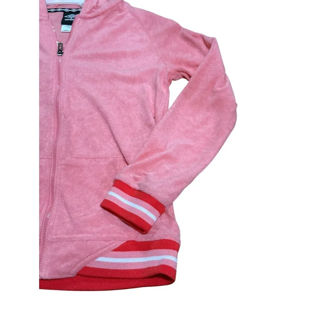 NWT Umbro Girls XL‎ 14/16 Hooded Track Jacket Pink Red Trim Terry Cloth Full Zip